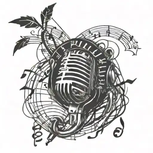 A tattoo design featuring a microphone intertwined with musical notes and a world map in the background, symbolizing your love for music and travel tattoo design idea