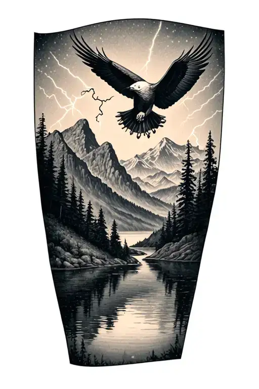 A serene landscape tattoo featuring a tranquil lake surrounded by towering mountains, with a soaring eagle flying overhead and a subtle lightning bolt in the distance tattoo design idea
