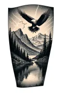 A serene landscape tattoo featuring a tranquil lake surrounded by towering mountains, with a soaring eagle flying overhead and a subtle lightning bolt in the distance tattoo design idea