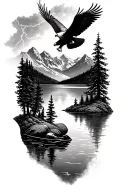 A serene landscape tattoo featuring a tranquil lake surrounded by towering mountains, with a soaring eagle flying overhead and a subtle lightning bolt in the distance tattoo design idea