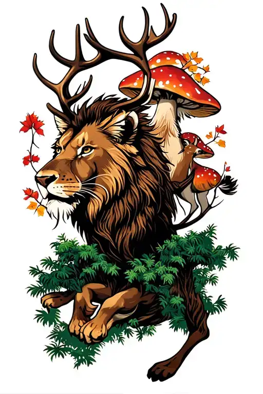lion and deer running in a green forest with mushrroms tattoo design idea