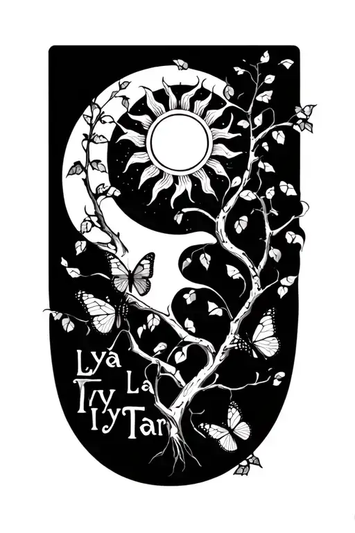 "Lyla Ivy Tara " sun with Ivy branches and butterfly flying tattoo design idea