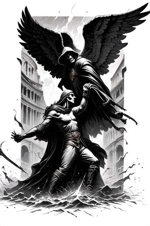 the grim reaper battles an angel in the middle of a storm while the storm is breaking through the walls of the colosseum tattoo design idea