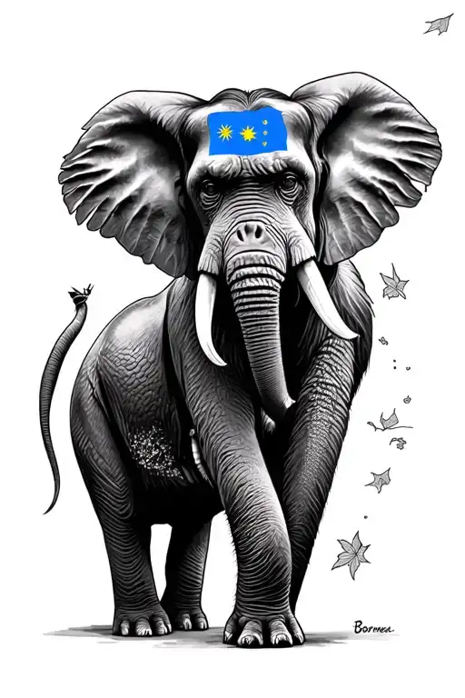 elephant with orangutan with map of Borneo and Malaysian flag tattoo design idea