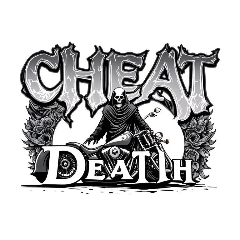 "Cheat Death" grim reaper standing behind a dyna low rider tattoo design idea