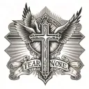 cross with light rays and dove  saying fear none trust God tattoo design idea