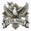 cross with light rays and dove  saying fear none trust God tattoo design idea