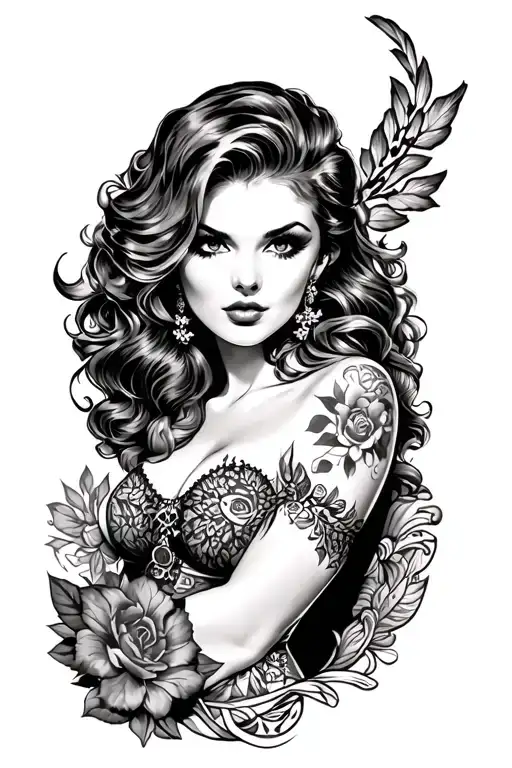 American trad pinup sleeve tattoo design idea