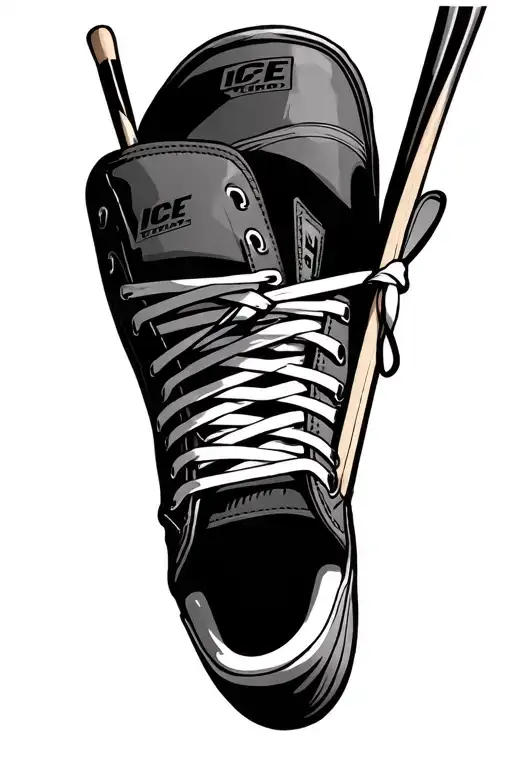 ice hockey skate side view with a pair of drum sticks sticking out from the boot opening of the skate tattoo design idea