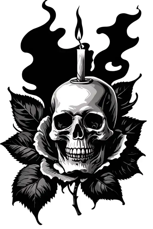 skull rose and candle burning tattoo design idea