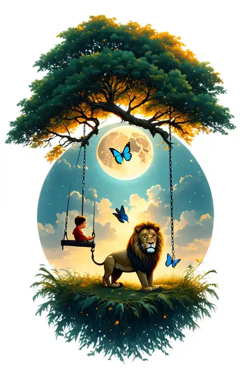  tree, with a lion sitting under it, on the tree a little boy on a swing then a moon & butterfly  tattoo design idea