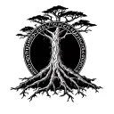 tree of Gondor mixed with Elden ring erdtree symbol and elvish writing from the book in Tolkien style around border tattoo design idea