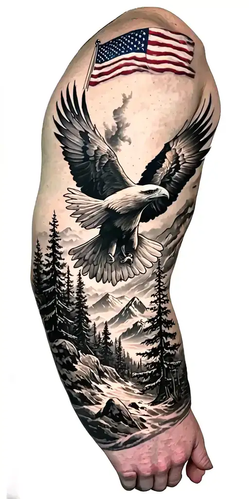 men's left arm tattoo; American flag at top of shoulder, eagle flying over the mountains, into a woodland since. Full sl tattoo design idea