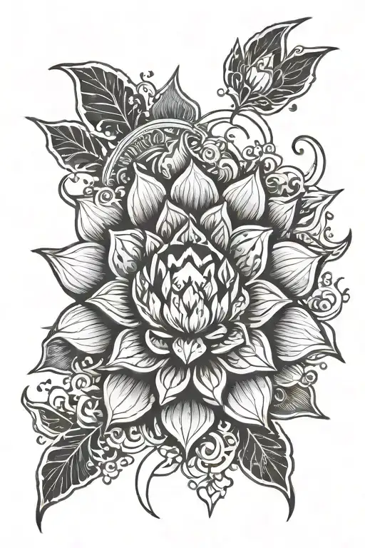 sun, moon, stars, lotus flower, symbols with meaning down the spine fine line  tattoo design idea
