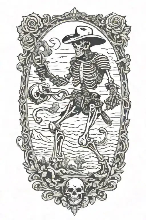 cowboy skeleton fighting alien tattoo design idea