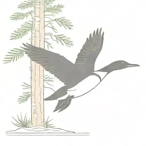 Simple image of a common loon taking off in front of a pine tree tattoo design idea