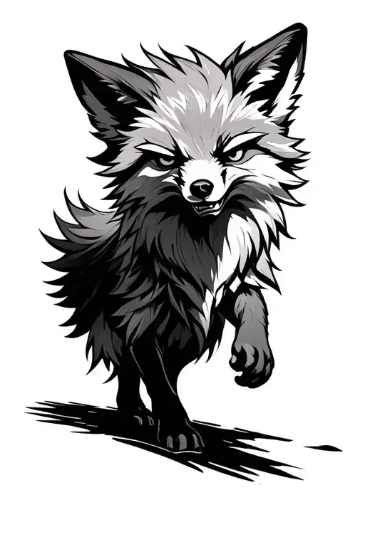 walking angry fox all body little lines tattoo design idea