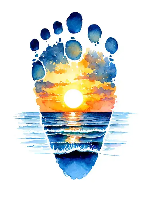 foot print surrounded by the sunrise and ocean scene tattoo design idea