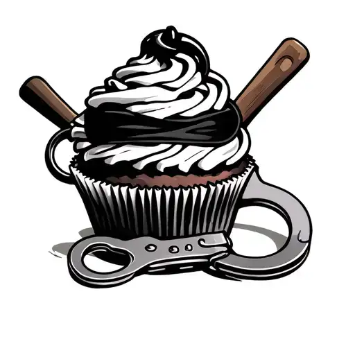 Cupcake with a set of handcuffs, a paddle, a blindfold, tattoo design idea