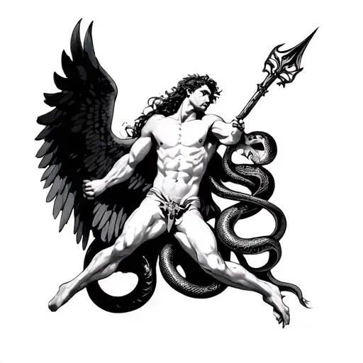falling icarus with spear stabbed and a snake wrapped tattoo design idea