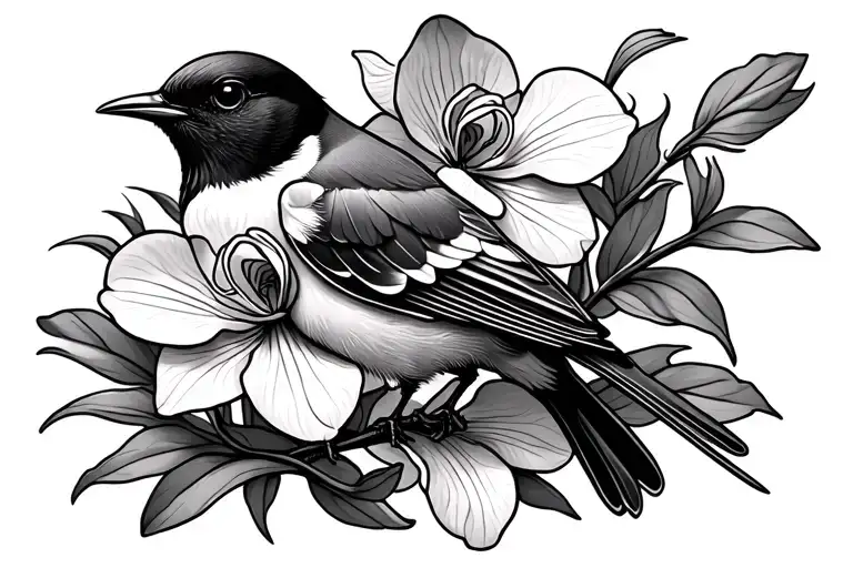 mocking bird and orchid flower tattoo design idea