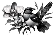 mocking bird and orchid flower tattoo design idea