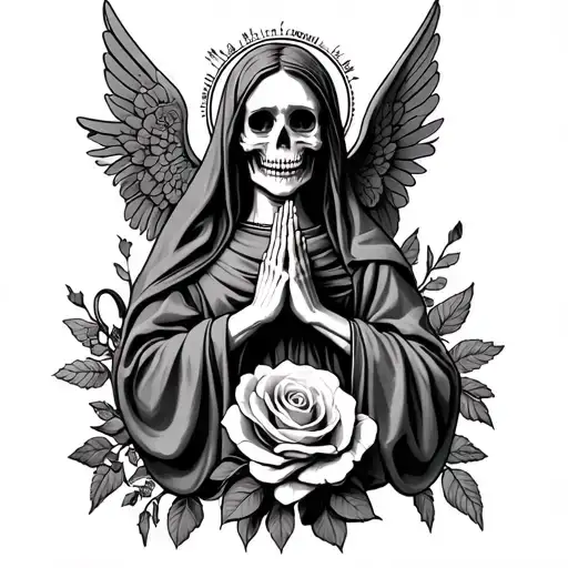 Virgin Mary with skeleton face and skeleton pray hands full body with dead roses and skeleton angels  tattoo design idea