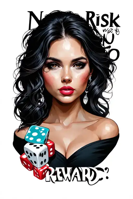 "No risk no reward " "No risk no reward " woman face with dice symbolizing the gamble tattoo design idea