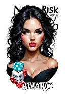 "No risk no reward " "No risk no reward " woman face with dice symbolizing the gamble tattoo design idea