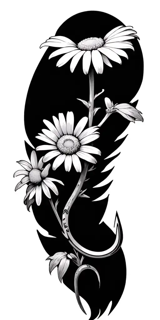daisy with stem as fishing hook intertwined with cross tattoo design idea