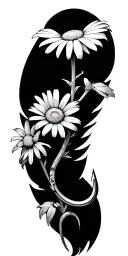 daisy with stem as fishing hook intertwined with cross tattoo design idea