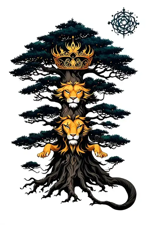 Large, living tree with a beautiful crown and clumsy, zodiac signs: lion, Capricorn, Scorpio, Libra, Astronomy, Astrology tattoo design idea