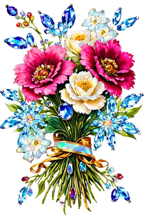 sapphire, opal, garnet, blue topaz floral bouquet tied tattoo design idea