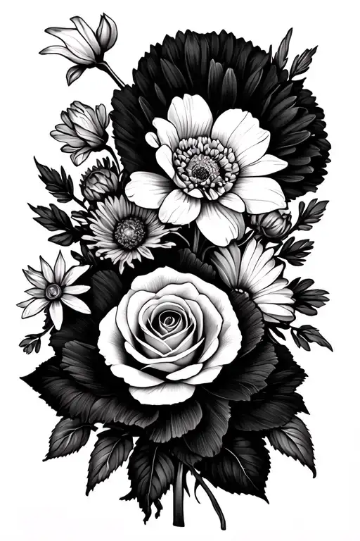 flower bouquet made up of 2 carnations, 2 daffodils, 1 rose, 2 poppy's, 1 Aster, and 1 chrysanthemum. tattoo design idea