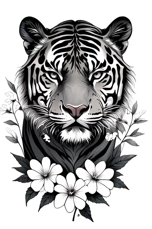 tiger with flowers blooming with leaves growing tattoo design idea