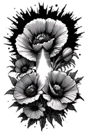 Poppy's with a rocket in the middle of th flowers and straight line explosion effect tattoo design idea