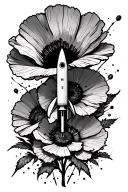 Poppy's with a rocket in the middle of th flowers and straight line explosion effect tattoo design idea