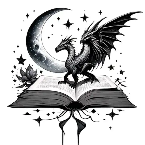 open book surrender by stars moon and tiny gragon tattoo design idea