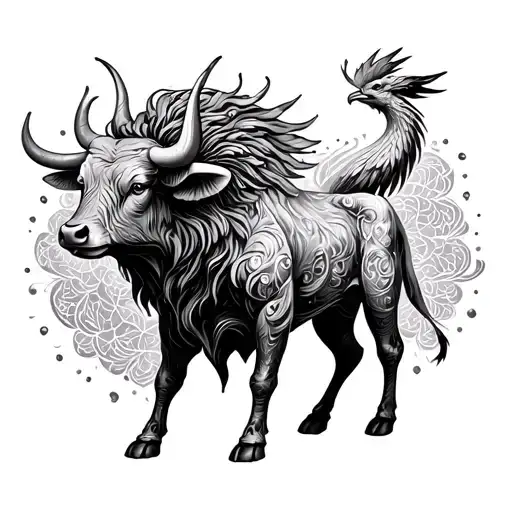 Rising Bull & Phoenix Fusion” – Symbol of unstoppable growthDesign: A powerful bull (your Taurus ascendant) morphing i tattoo design idea