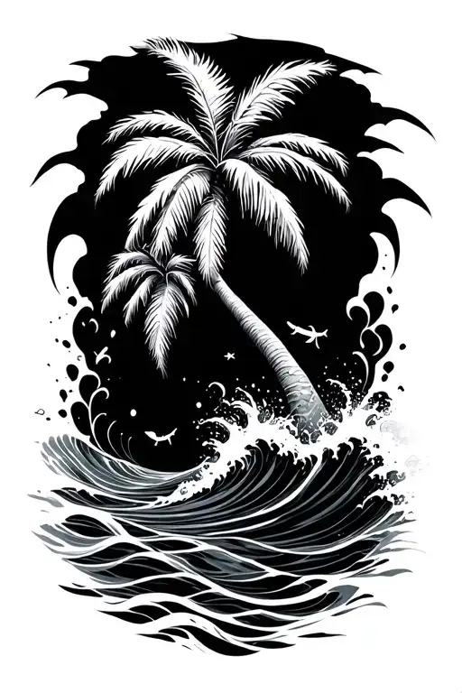 palm tree and waves with sea life underwater tattoo design idea