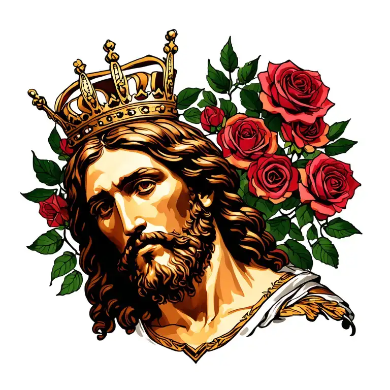 crusifix Jesus Christ, McGregor style tattoo resembles Jesus, I want rose stems shaping a crusifix with a crown on top tattoo design idea