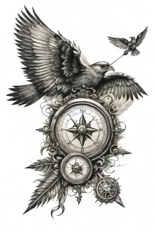 Arrow and Compass covered with wings tattoo design idea