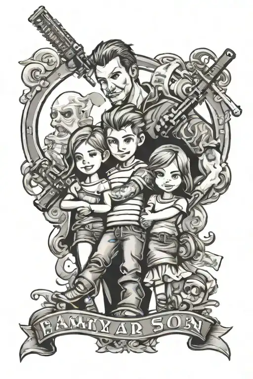 Family, daughter and son, way, money, weapons, happy road tattoo design idea