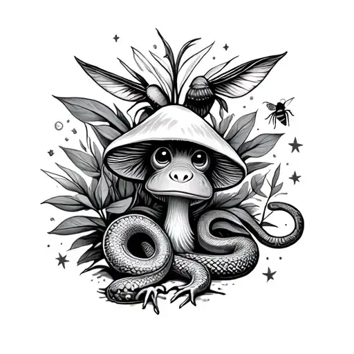 plants, mushroom, monkey, frog, snake, stars, bee, fish, bird tattoo design idea