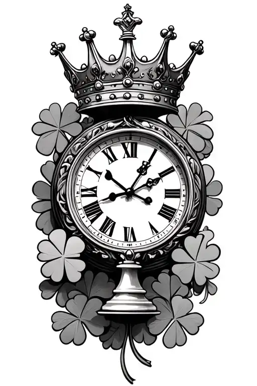 clock with chess piece in middle and king crown on top and surrounded with 4 leaf clovers  tattoo design idea