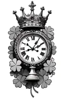 clock with chess piece in middle and king crown on top and surrounded with 4 leaf clovers  tattoo design idea