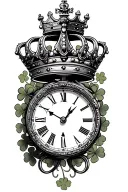 clock with chess piece in middle and king crown on top and surrounded with 4 leaf clovers  tattoo design idea