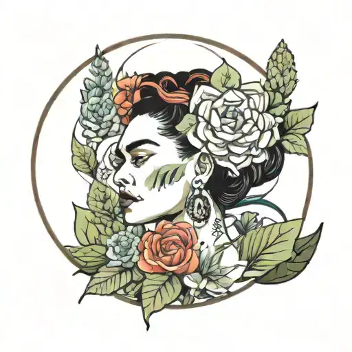 Frida Kahlo succulents moon surrounded tattoo design idea