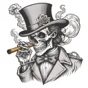 skeleton in top hat and trenchcoat smoking a cigar tattoo design idea