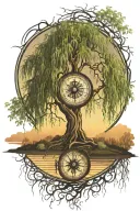 weeping willow tree with compass interwined below the roots tattoo design idea